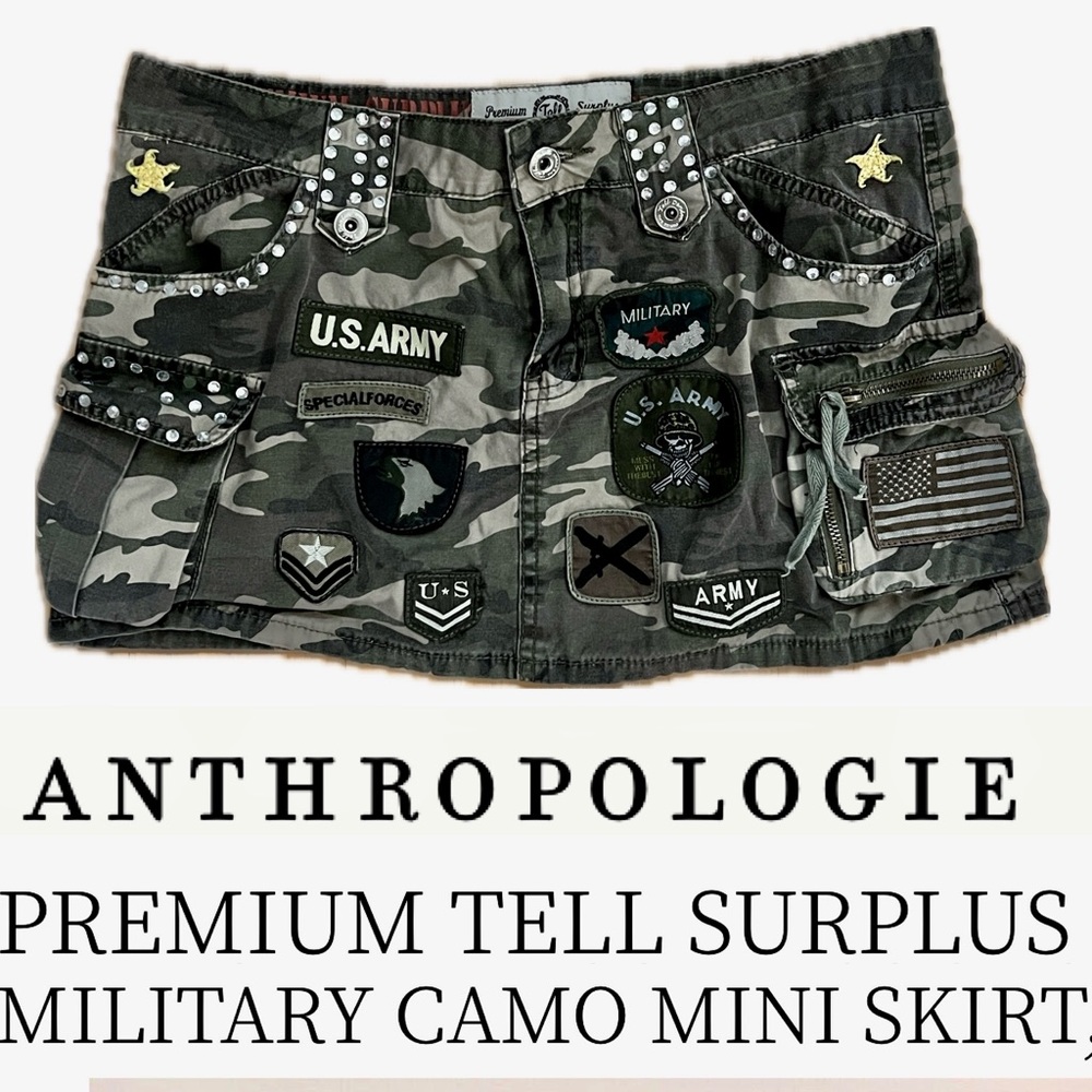 🇺🇸Camo Cargo Patchwork Army Military-Themed Patches & Bedazzles TELL Mini Skirt